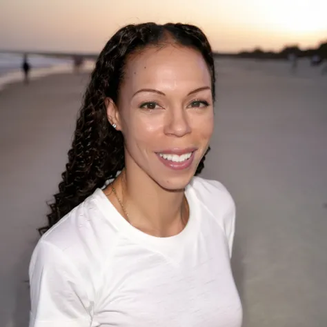 <lora:48098CBA1A:1> h3eather hunter, heather hunter,  a woman smiling, in a t-shirt and sweat pants on a beach.  amazing photograph, ((5-realistic skin texture)), ((5-dynamic lighting)), ((5-focal blur)), ((SFW))