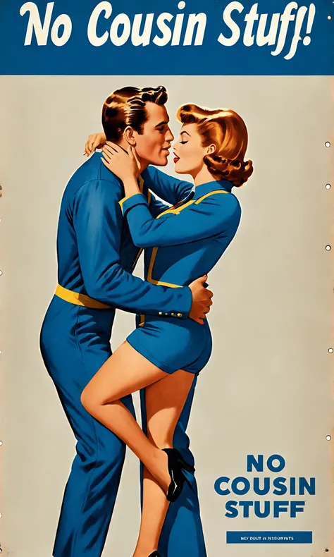 text "No Cousin Stuff!", movie poster of a man and woman kissing, falloutpostsdxl,<lora:falloutpostsdxl:0.8>, 1960s (style), blue jumpsuit,