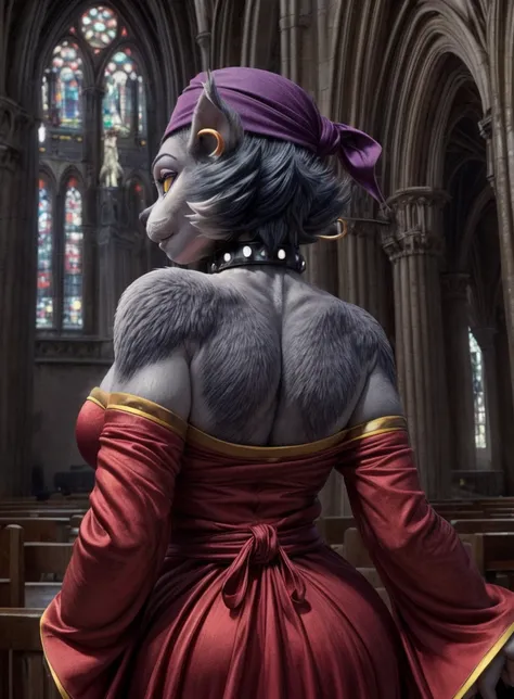 realistic, detailed background, cathedral, msfortune, collar, ring piercing, dress, bandanna, rear view, by sutibaru,by sssonic2,by takahirosi  <lora:MsFortune-021-Polyfur-nd64-e040:1>