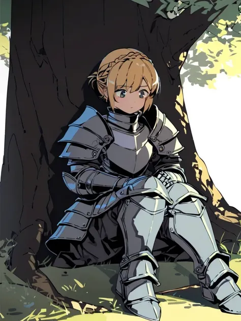 <lora:Clonion-PonyXL-1024px:0.7>
score_5_up,  score_6_up,  
a female knight wearing oversized armor, sitting under a tree outdoors, short blonde hair, french braid