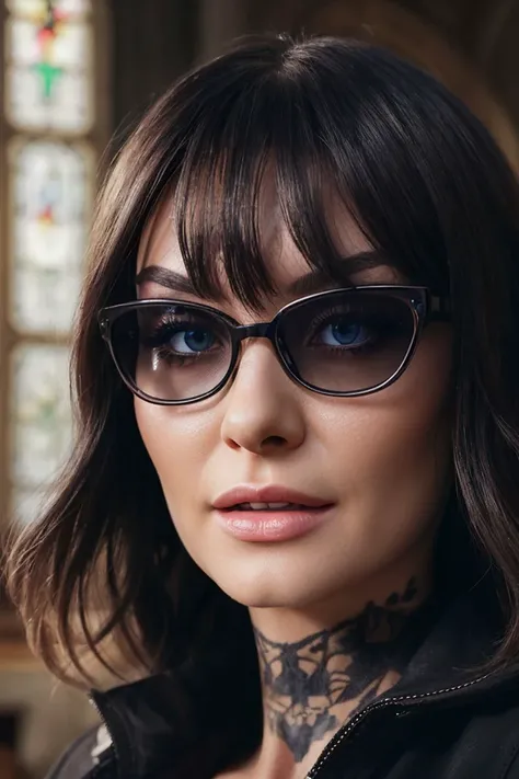 headshot of S385_TabithaPoison,a stunning woman,in a (church:1.1),wearing (black-coat:1.1),(sunglasses),(4k, RAW photo, best quality, 50mm, depth of field, ultra high res:1.1),(intricate, photorealistic, cinematic-shot, masterpiece, ultra-detailed:1.1),