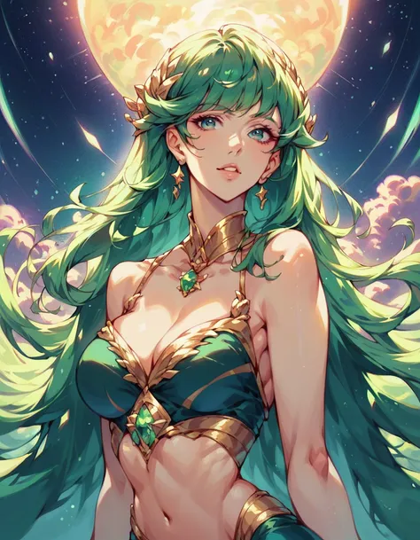 score_9, score_8_up, score_7_up, beautiful woman, elegant clothing, midriff, very long hair, bangs,sexy hair, green hair,alien planet, upper body portrait,A meteor shower, with streaks of light and the anticipation of a celestial spectacle