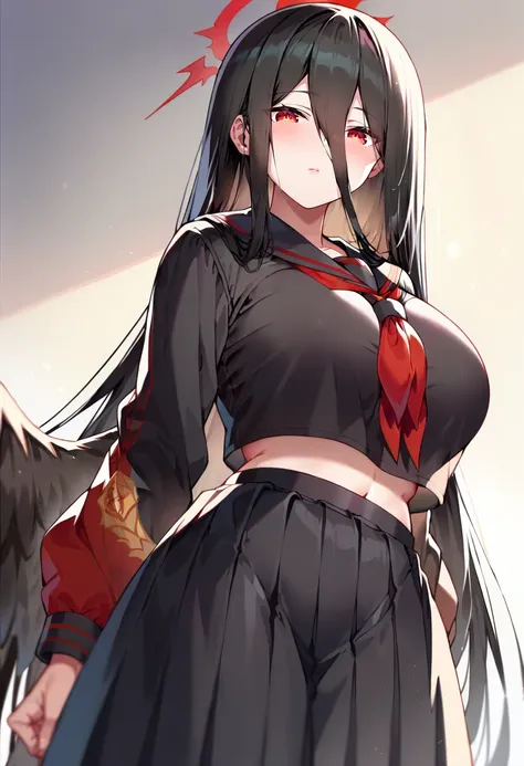 score_9, score_8_up, score_7_up, 1girl, solo, hasumi, blue archive, hair between eyes, very long hair, black hair, red eyes, large breasts, black serafuku, pleated skirt, long skirt, midriff, black shirt, sailor collar   <lora:Akusema-Style-PonyXL-Final-00...