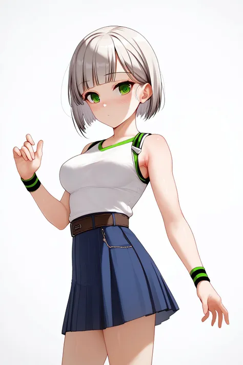 score_9, score_8_up, score_7_up, 1girl, dizzy, looking at viewer, dark_grey hair, round_fringe, dark_green eyes, medium breasts, hand_behind_back, wristband <lora:Gemba_PonyXL_style_v01:1>