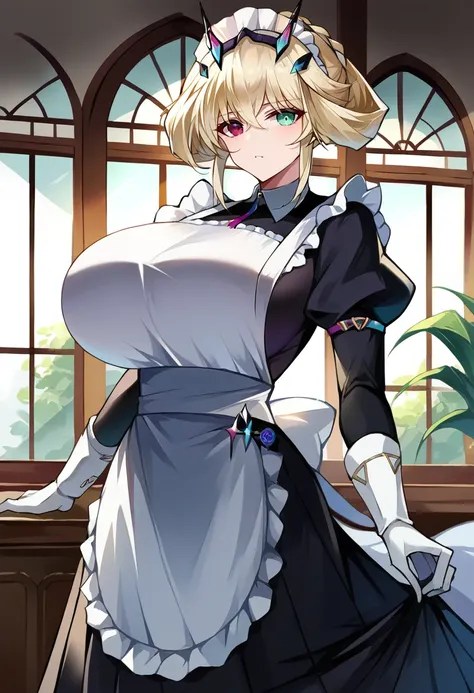 score_9, score_8_up, score_7_up, source_anime BREAK 1girl, solo, looking at viewer, cowboy shot,  <lora:Barghest_Sdxl:0.9>, Barghest_Maid, platinum blonde hair, twin braids, short hair, sidelocks, hair up, hair bun, heterochromia, maid headdress, frilled d...