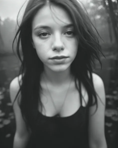 documentary, close-up photo of a young woman, ginger, full body shot,random pose, modern clothes, (dark misty swamp), pastel, god rays, technicolor, soft tones,dreamy haze,perfect face,by Lee Friedlander