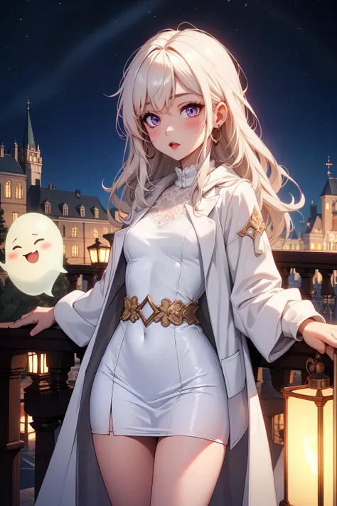 best quality, high quality, female ghost, cute, see-through body, slim body, small breasts, white coat, castle, lamp, night,