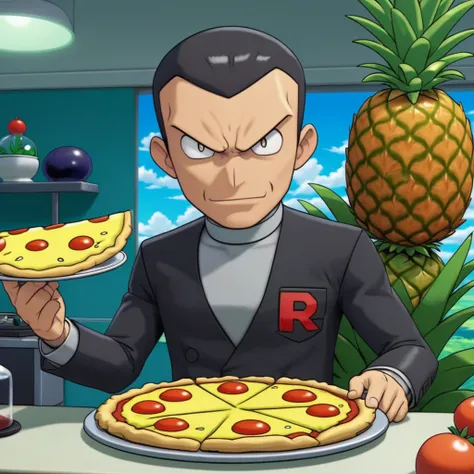 sfw, masterpiece, best quality,absurderes,anime style,scene from pokemon (anime), giovanni (pokemon) looking at a pineapple pizza in utter terror,"R" Patch,team rocket,<lora:GiovanniXL:1>