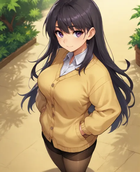 score_9,score_8_up,score_7_up,score_6_up,source anime,1girl,standing,solo,black hair,long hair,purple eyes,large breasts,cardigan,outdoors,from above,cowboy shot,light smile,sweat,pantyhose, looking at viewer, wind, hands in pocket