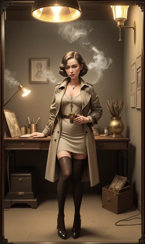 Film noir style Immersive-Artist, ((The Prohibition Detective - Investigating from Her Cozy Brownstone Office: Tucked away in a quaint brownstone, a determined female detective runs her operation from a cozy office filled with warmth and character. Her kne...