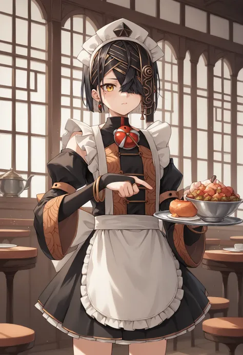 1girl, short hair, black hair, hair over one eye, yellow eyes, mole under eye, hairband, hairpin, maid, maid apron, chinese clothes, long sleeves, wide sleeves, detached sleeves, skirt, bridal gauntlets, hat, jewelry, bracelet, standing, indoors, cafe, hod...