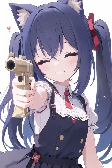 (masterpiece),best quality,1girl,gun,animal ears,solo,closed eyes,twintails,smile,holding gun,dress,aiming at viewer,short sleeves,handgun,animal ear fluff,upper body,grin,teeth,