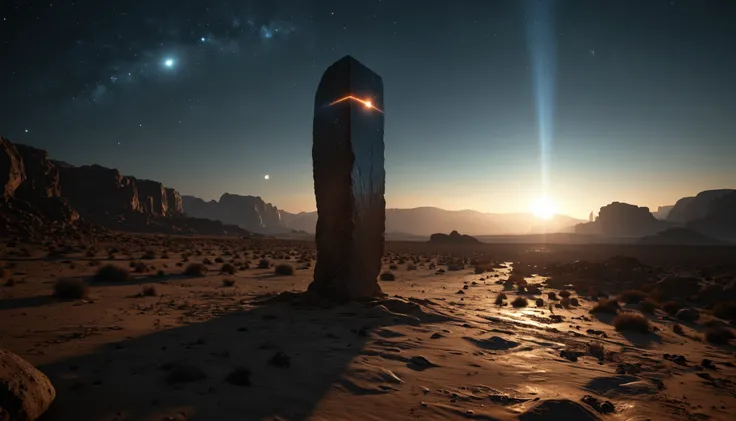 Prompt	
(((no human))) (Dark energy flowing through a perfectly straight, dark and mysterious monolith on the desert plain at night on Alien planet, by Ridley Scott, Roger Deakins), another world, highly detailed, maximum quality, (sharp, clear:1.1), (sci-...