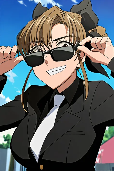 ky0uk0t0k1w4, black suit, white tie, sunglasses, brown eyes, brown hair, black bow in hair