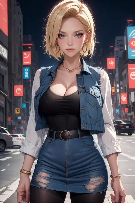 (best quality, masterpiece:1.2), ultra-detailed, android 18, denim, denim skirt, jewelry, breasts, denim jacket, skirt, pantyhose, torn clothes, solo, earrings, belt, cyberpunk city, night, necklace, cleavage, building, bracelet, black pantyhose, shirt, lo...