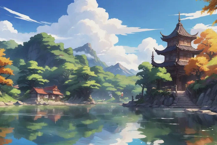 digital painting, whimsical anime movie background, a lake<lora:EnvyStarlightIdyllicAnime01:1>