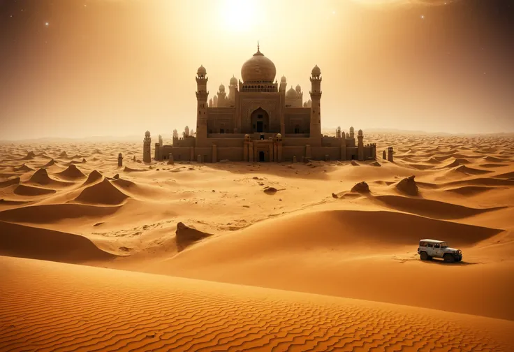 Imagine an ancient city, once a hub of civilization, now buried beneath the desert sands underneath a starry sky. The tips of ornate spires and a half-exposed palace dome are all that remain above the dunes. Wind-swept sands drift across hieroglyphs and ba...