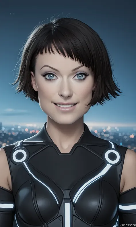 source_ realistic, rating_ safe, score_9, score_8_up, score_7_up, score_6_up, score_5_up, score_4_up, realistic, portrait of a beautiful woman, OliviaWildePony, looking at the viewer, gorgeous eyes, quorra, tron legacy, solo, short hair, black hair, bob cu...