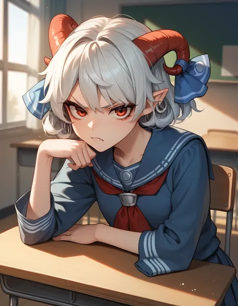 1girl,solo,toutetsu yuuma,white hair,school uniform, serafuku, tsundere,classroom,pout <lora:toutetsuLocon:0.9>, source_anime, score_9, score_8_up, score_7_up, highly detailed, clear line