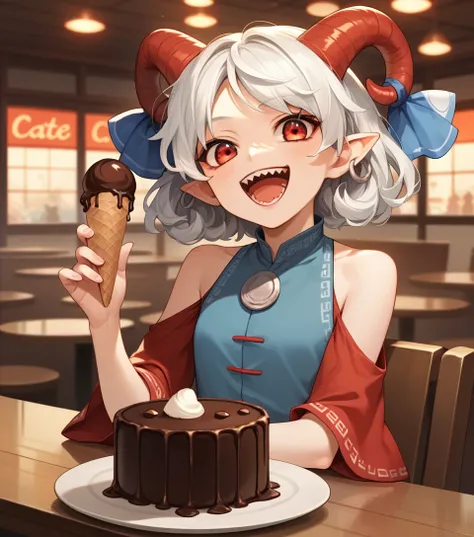 1girl,solo,toutetsu yuuma,white hair,blue dress, red sleeves, bare shoulders,cafe,chocolate ice cream, happy,(sharp teeth:0.4),table  <lora:toutetsuLocon:0.9>, source_anime, score_9, score_8_up, score_7_up, highly detailed, clear line