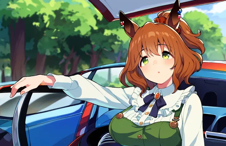 score_9, score_8_up, score_7_up, score_6_up, score_5_up, source_anime, rating_sfw, solo, Aston Machan (umamusume) rides aston martin and wears casual, red scrunchie, neck ribbon, frilled shirt collar, white shirt, long sleeves, button, green skirt, suspend...