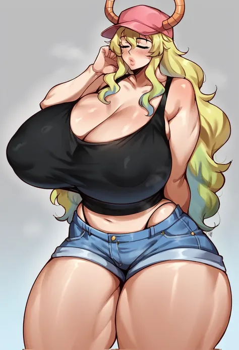 1girl, female, solo, massive thighs, very wide hips, gigantic breasts, lips, Lucoa, black top, shorts, pink cap, horns, eyes closed BREAK score_9, score_8_up, score_7_up, score_6_up, source_anime, rating_safe <lora:milileonaorochi:1>