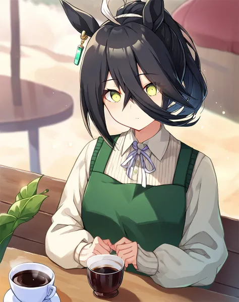 score_9, score_8_up, score_7_up, score_6_up, score_5_up, source_anime, rating_sfw, solo, Manhattan Cafe (umamusume) wears official alternate costume, alternate hairstyle, ponytail, single earring, long sleeves, layered sleeves, green apron, collared shirt,...