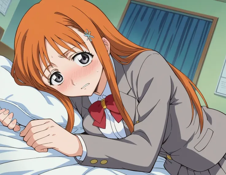 score_9, score_8_up, score_7_up, source_anime, 
inoueorihime, <lora:inoue-orihime-s1-ponyxl-lora-nochekaiser:1>, 
inoue orihime, long hair, orange hair, grey eyes,
 skirt, bow, school uniform, jacket, blazer, grey jacket, 
indoors, bed, bed room, on side, ...