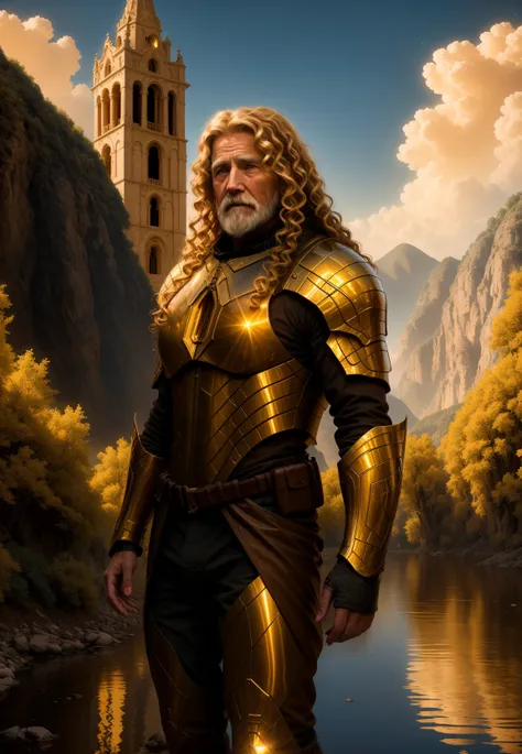 Extreme long shot, photorealistic 8k raw photography, (old man in Warm Brown hdsrmr:1.3), absurdly long hair, (medium blonde curly hair:1.2), Intricate details, skinny physique, Enhanced reflection, Dynamic stance, Fiery aura, Insane color palette, Old Mon...