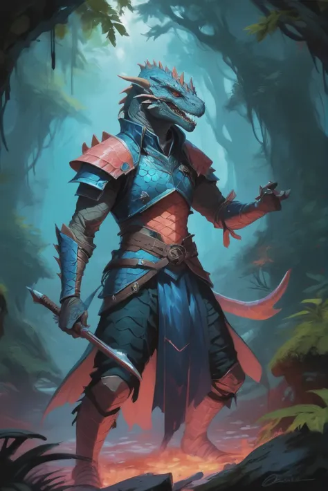 digital painting, male dragonborn blue mage, reptilian skin, reflective neon color:darkcyan and coral scales, noon, scenery, in a illuminated Cloud Forest<lora:EnvyStarlightDragonborn01:1>