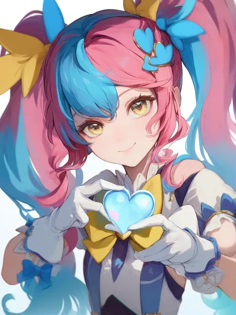 1girl, 
rating safe, solo, blue eyes, blue hair, bow, closed mouth, eyelash ornament, finger heart, gloves, gradient hair, hair ornament, heart, heart hair ornament, long hair, looking at viewer, magical girl, multicolored eyes, multicolored hair, pink hai...