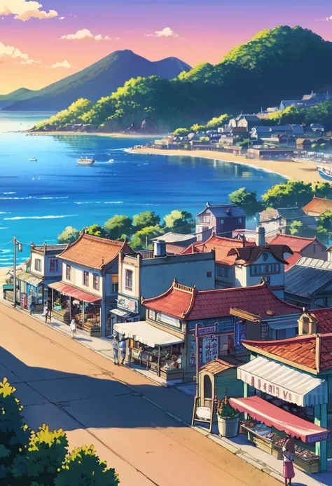 Seaside town at sunset, anime style digital art, vibrant market streets and ocean views, tags: seaside town, sunset, anime style, vibrant market streets, ocean views, colorful, bustling activity, coastal vibe, daily life, romantic, nostalgic, cultural deta...