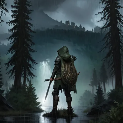 Masterpiece,absurd resolution,8k,high resolution,
 <lora:SkyrimLandscapes:0.8>,
skyrimlandscapes, tree, outdoors, rain, scenery, forest, nature, cloud, sky, cloudy sky, from behind, 1other, holding, hood, standing, ambiguous gender, 1boy, staff, weapon