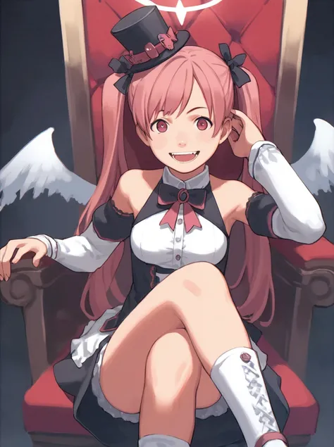 score_9_up,score_8_up,score_7_up, <lora:comiclo-xl-pony:0.7>,1girl, solo, twintails, long hair, halo, pink hair, crossed legs, sitting, throne, hat, smile, open mouth, looking at viewer, mini hat, breasts, detached sleeves, pink eyes, medium breasts, top h...