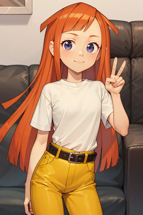 1girl,solo,peace,sign,long hair,orange hair,black eyes,white shirt,belt,yellow pants,looking at viewer,masterpiece,best quality