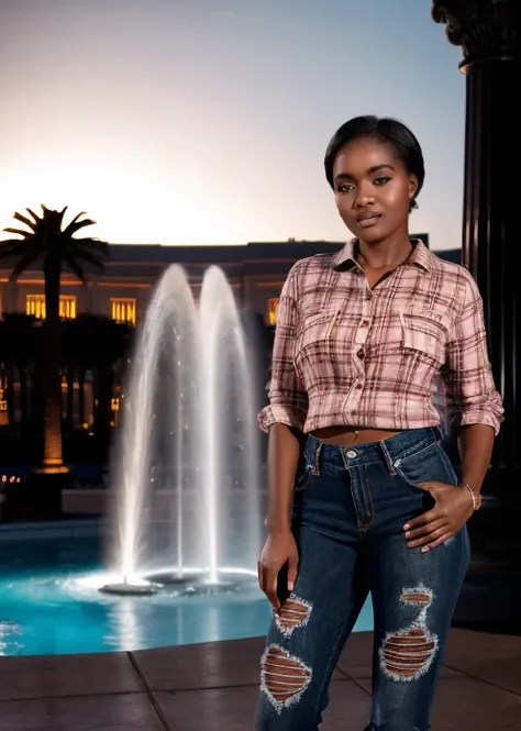 RAW photo at night, full body shot of a ebony woman, dressed in checked shirt and short jeans, background is the fountain of the Caesars Palace in Las Vegas, soft light, ((full body shot:1.3)), ultra detailed background, detailed, sharp focus, 8k<lora:MS_B...