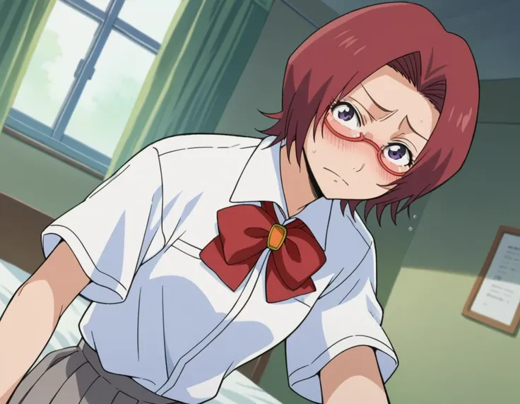 score_9, score_8_up, score_7_up, source_anime,
chizuruhonsho, <lora:chizuru-honsho-s1-ponyxl-lora-nochekaiser:1>,
chizuru honsho, short hair, red hair, purple eyes, glasses,
skirt, shirt, bow, school uniform, white shirt, short sleeves, pleated skirt, bowt...