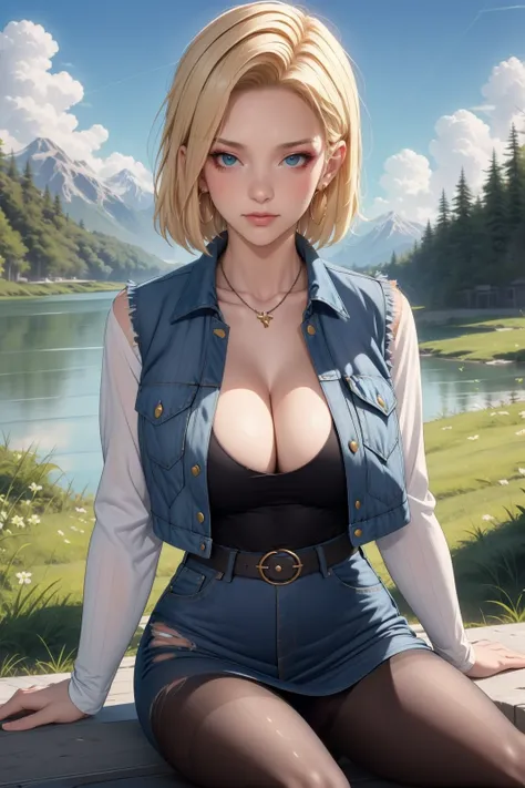 sitting, (long legs, upper body), (best quality, masterpiece:1.2), ultra-detailed, android 18, denim skirt, breasts, denim jacket, skirt, pantyhose, torn clothes, solo, earrings, belt, (lake, mountain, sky, grass), necklace, cleavage, building, black panty...