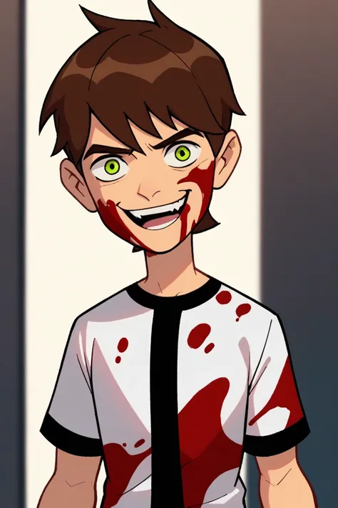 Score_9, Score_8_up, Score_7_up, Score_6_up, Score_5_up, Score_4_up, source_cartoon,
1boy ,solo, blood splatter,blood on face,crazy smile,short hair, brown hair, shirt, green eyes, white shirt, short sleeves, male focus, official style, upper body
