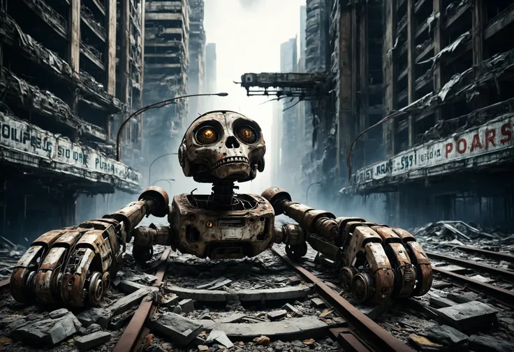 Picture the remnants of a highly advanced civilization, now crumbled into decay. Giant, rusting robots lay scattered in what was once a bustling plaza, their circuits fried and shells corroded. The skeletons of monorail tracks twist through the city, leadi...