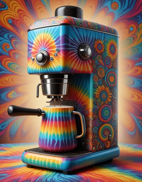 <lora:EPtiedyeworldSDXL-15:1> , blurry background, hyper detailed, EPtiedyeworld, psychedelic, funky, retro, multicoloured,  advanced coffee machine, hot coffeemug, kitchen