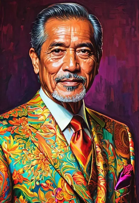 a photograph of , a close up of a 55 years indonesia man in a suit , a digital painting inspired by rodel gonzalez, featured on cgsociety, funk art, wearing a colorful mens suit, style in digital painting, style digital painting,PA7_Enhancer-04, ebesiyasku