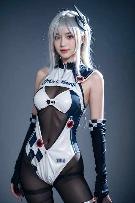 best quality, masterpiece, realistic, photorealistic, 1girl, solo, looking at viewer, smile, standing, cowboy shot, shenhe cosplay costume, shenhe, genshin impact, alternate costume, cosplay, race queen, white hair , hair over one eye, leotard, bodysuit, b...