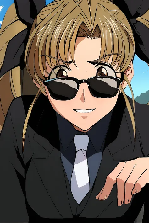 ky0uk0t0k1w4, black suit, white tie, sunglasses  brown eyes, brown hair, black bow in hair