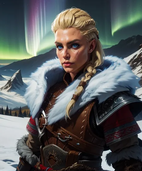 Eivor,scar on face,blonde hair,blue eyes,side braid,
leather armor,fur trim,
standing,looking at viewer,upper body, serious, 
northern lights,mountains,cold,
(insanely detailed,   masterpiece, beautiful detailed eyes, best quality),<lora:Eivor:0.8>,