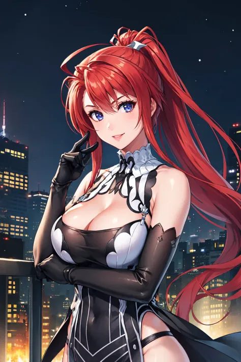 masterpiece, best quality, 1girl, <lora:ignis-nvwls-v1-000009:0.9> ignis, ponytail, sleeveless, black dress, cleavage cutout, side slit, black gloves, large breasts, upper body, night sky, looking at viewer, furrowed brow, smile, dystopia