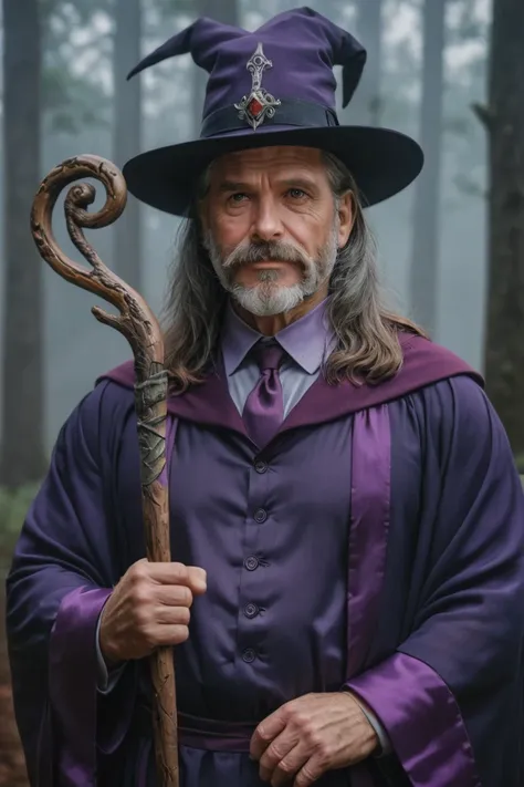 masterpiece, best quality, hi res, newest, raw, photo, realistic, 1boy, solo, male focus, mature male, wizard, long hair, brown hair, black eyes, looking at viewer, hat, facial hair, beard, mustache, staff, wizard hat, purple hat, shirt, collared shirt, ro...