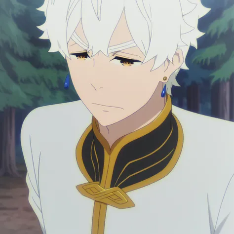 <lora:Regulus_Corneas:1> Regulus Corneas, 1boy, close-up, earrings, forest, male focus, regulus corneas, solo, tree, uniform, white hair