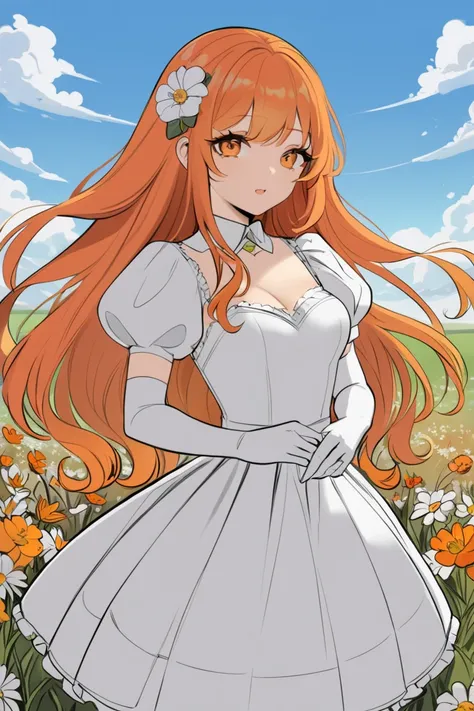 masterpiece, best quality, hi res, newest, flat color, 1girl, solo, long hair, curly hair, wavy hair, orange hair, orange eyes, looking at viewer, breasts, dress, white dress, puffy sleeves, puffy short sleeves, short sleeves, gloves, elbow gloves, white g...