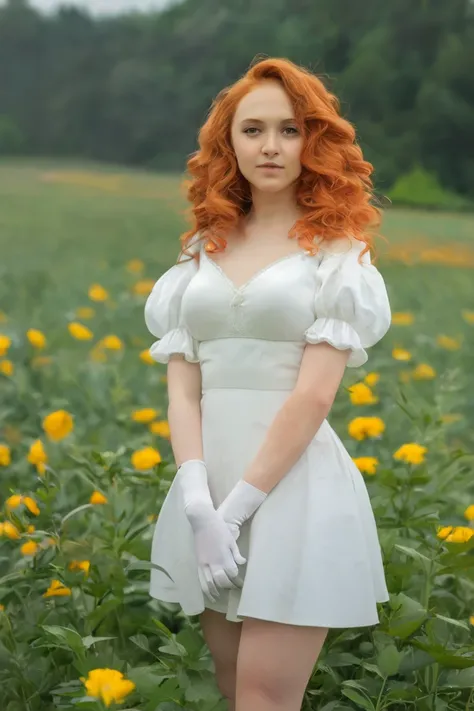 masterpiece, best quality, hi res, newest, raw, photo, realistic, 1girl, solo, long hair, curly hair, wavy hair, orange hair, orange eyes, looking at viewer, breasts, dress, white dress, puffy sleeves, puffy short sleeves, short sleeves, gloves, elbow glov...